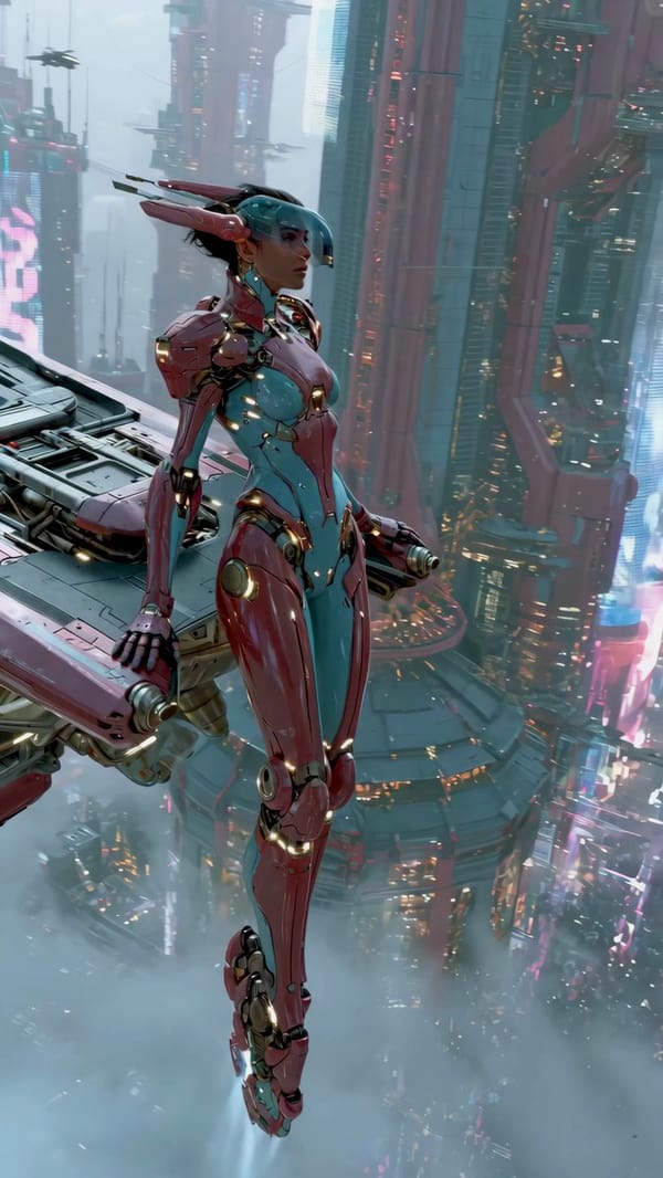High above a futuristic city skyline, she checks her gear before diving into the city, flying b…