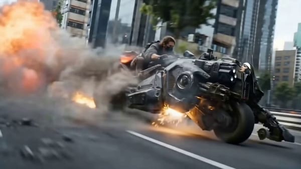 Cyberpunk motorcycle chase. Explosions behind. Then the bike transforms into a full mecha mid-a…