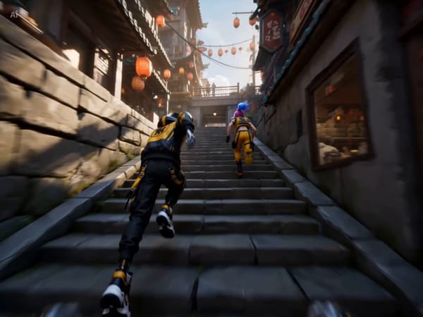 Ultra-dynamic cinematic FPV chase through a vibrant hillside Chinatown-inspired district filled wit… prompt example