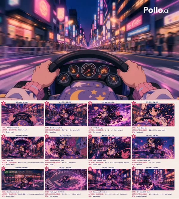 15s STORYBOARD — KIKI: HARAJUKU NIGHT DRIFT style: anime storyboard sheet, professional animation p… prompt example