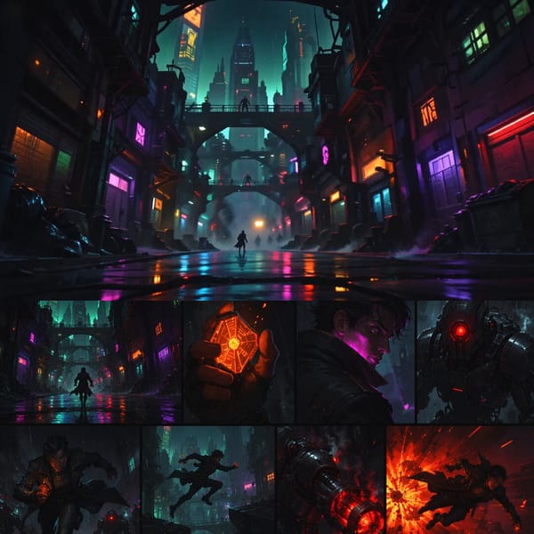 Create a 15-second horizontal 16:9 animated narrative video. Theme: Cyberpunk runner chased through… prompt example