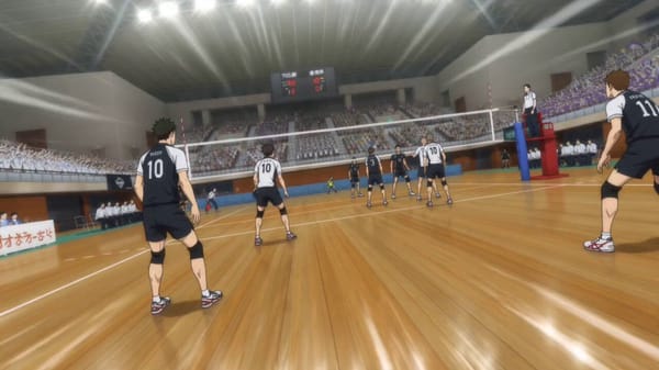 A superhuman anime volleyball player with messy dark hair, glowing green eyes and explosive ath…