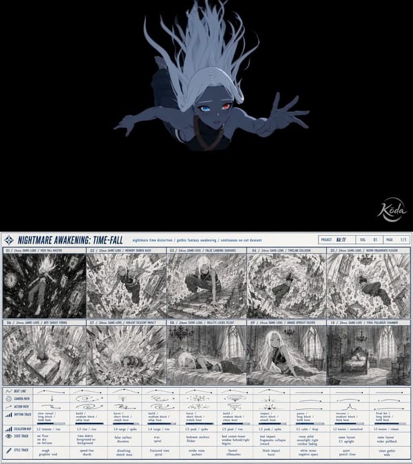 Use @[storyboard ref] as the authoritative shot blueprint. Do not render the storyboard sheet i…