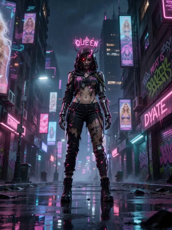 Woman, black hair, pink neon crown, ragged hood, ragged clothes, cyberpunk, part machine, monster a… prompt example