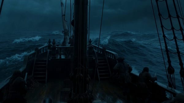 Ultra-realistic storm ocean at night, wooden pirate ship climbing monstrous waves. Crew firing…