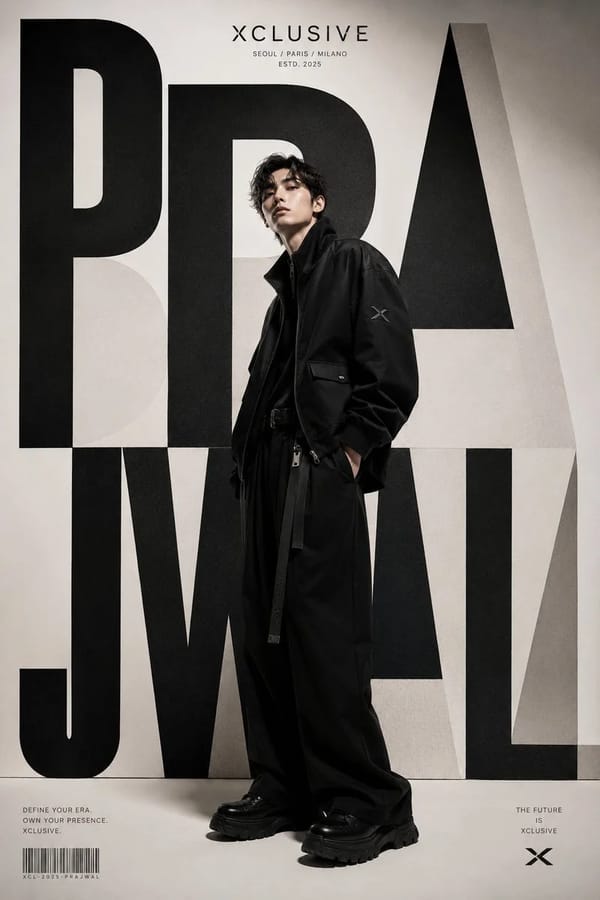 A world-class luxury fashion editorial poster for XCLUSIVE, inspired by contemporary Korean lux…