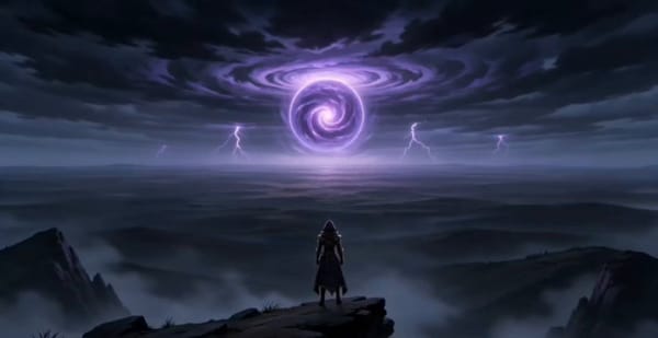 scene1 : Cinematic anime action shot, 16:9, dark fantasy aesthetic. CHARACTER: The hooded shadow so… prompt example