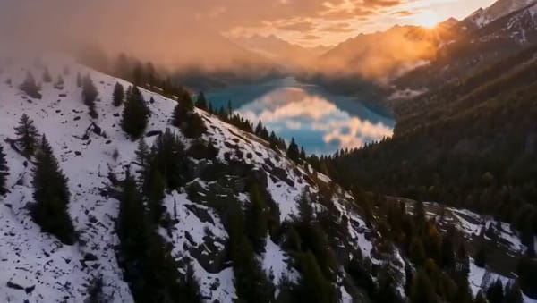 A sweeping drone shot rises over a mist-covered mountain valley at golden hour, revealing a cry…