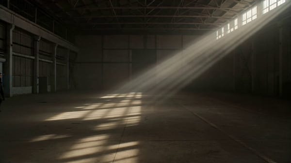 SCENE: Warehouse Discovery GEOMETRY - Woman enters frame from left edge, 10 feet from camera -…