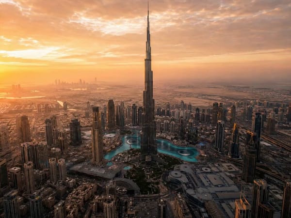 AI-generated drone-style shot of Burj Khalifa. Flying in, orbiting the tower, then pulling back…