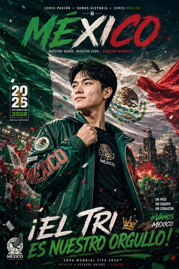 Ultra-cinematic FIFA World Cup 2026 promotional poster, proud young supporter standing heroical…
