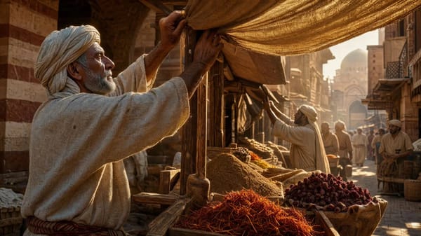 A bustling 14th-century Egyptian spice market at early morning, eye-level perspective. The scene is… prompt example