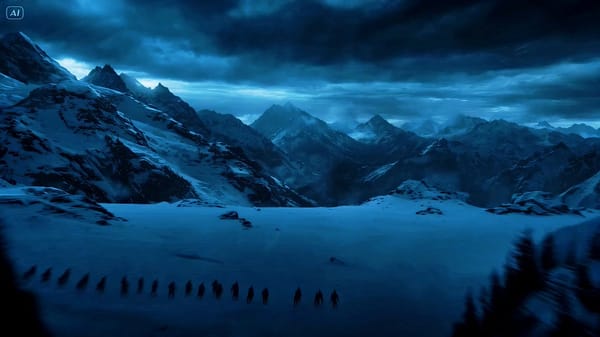 0–3 seconds: A dark, frozen sky and a fierce blizzard. The camera swoops down, featuring an atm…