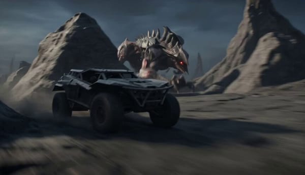 High-speed tracking shot just inches above the ground, tailing a rugged military buggy as it dr…