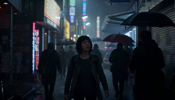 Futuristic Asian megacity at night during a thunderstorm. Crowded streets filled with food stal…