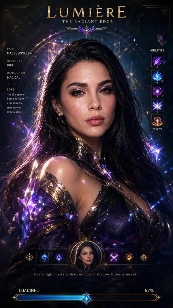 Cinematic League of Legends champion loading screen, ultra-realistic AAA game menu aesthetic matchi… prompt example