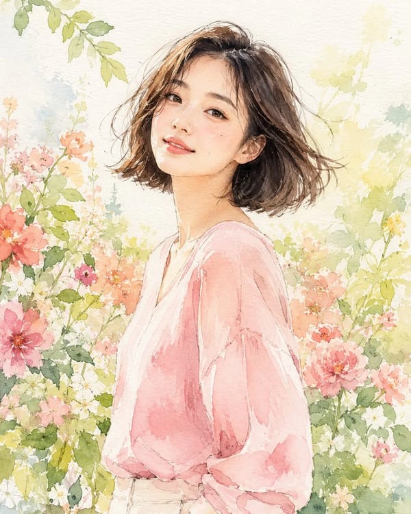 Fashion editorial watercolor portrait illustration of a young Korean man and woman with a soft blow… prompt example
