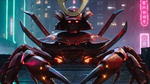 Intense multi-shot action sequence on a rain-slick rooftop fish market in a vertical neon city,…