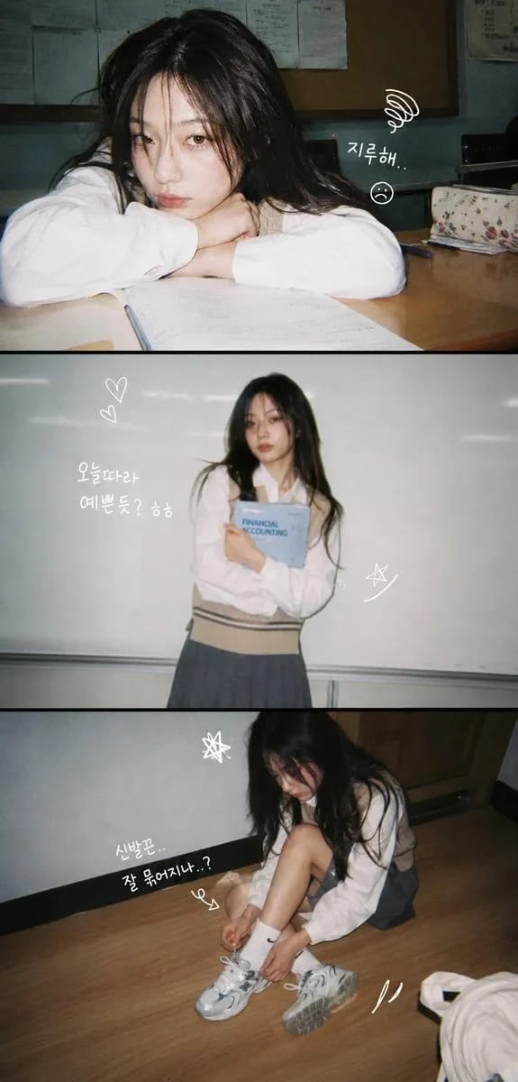 A vertical 3-panel college photo strip. The subject is a girl with long hair in a beige knit vest.… prompt example