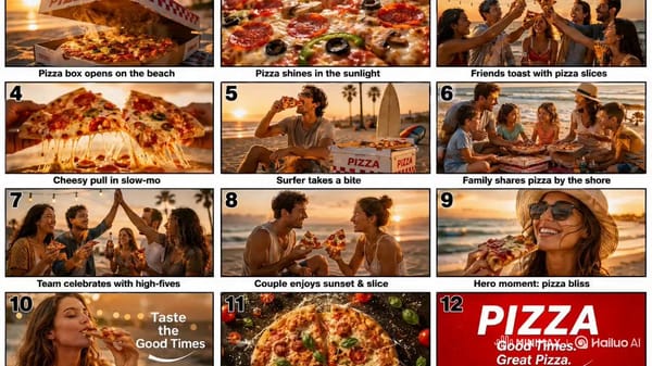 Create a cinematic, photorealistic 15-second beach pizza advertisement in 4K, 60fps, ultra-real…