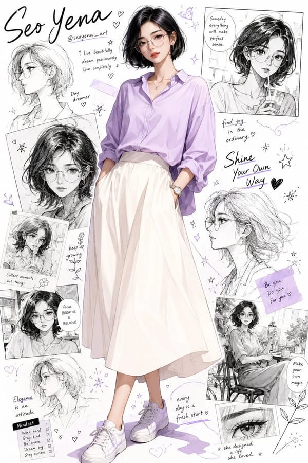 Semi-realistic anime-inspired portrait of a stylish young Korean woman with a short glossy black bo… prompt example