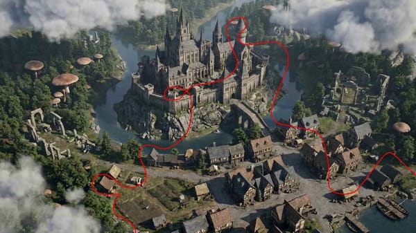 Use the uploaded image as a route-planning terrain map. The red line is only a sketched camera…