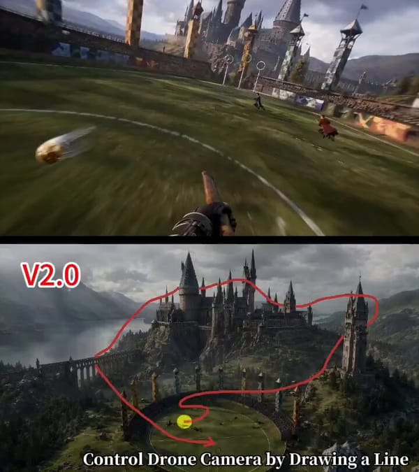 First-person broom-riding POV, cinematic ultra-fast one-take chase. Strictly follow the red fli…