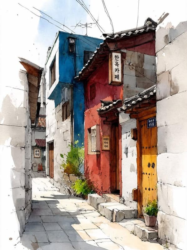 Watercolor urban sketch, narrow alley in traditional Korean hanok village. Red traditional house wi… prompt example