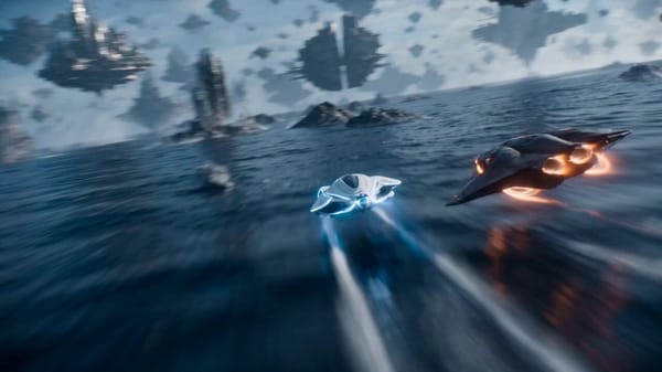 SHOT 1 Camera is already racing just above a vast sky-sea made of floating metallic islands sus…