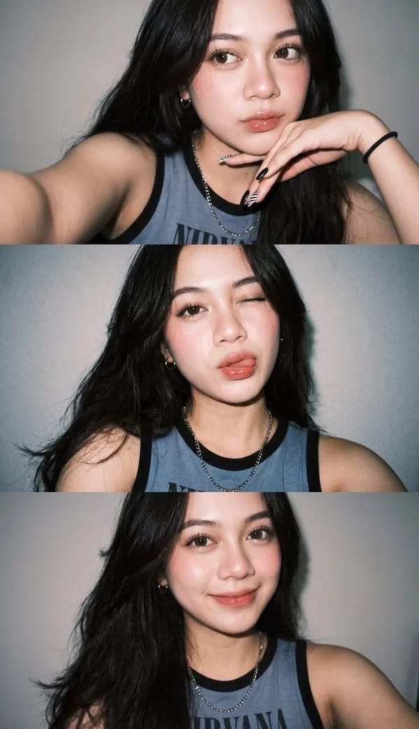 Ultra-realistic Gen Z selfie photo collage, three vertical smartphone flash selfies of a young woma… prompt example