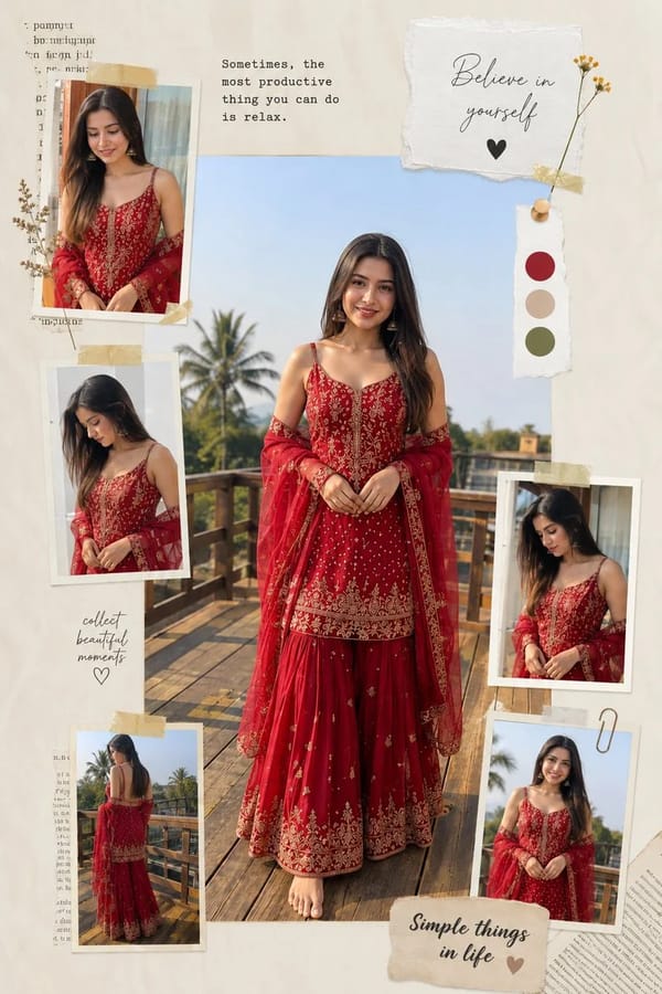 Instagram viral photo collage poster, vertical 4:6 format. Center: hyperrealistic Indian woman, lig… prompt example