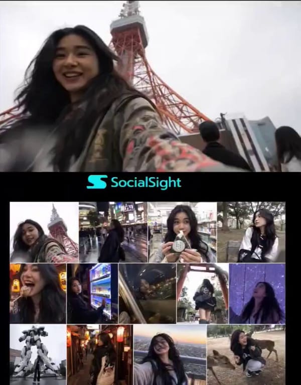 young female travel vlogger exploring Tokyo across 13 candid moments in a grid collage, extreme…