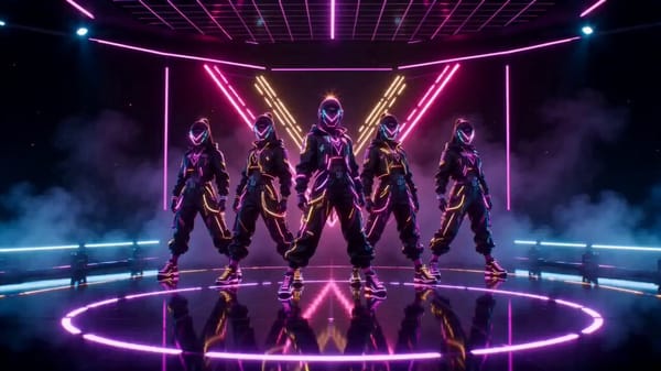A 10-second cinematic dance sequence designed like a real music video, smooth choreography, neon-li… prompt example