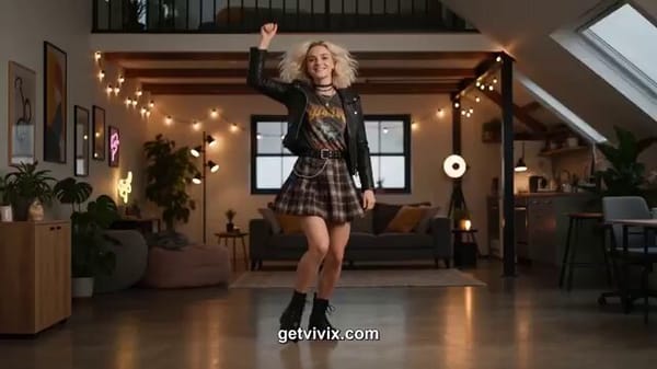 Photorealistic-to-stylized morphing dance clip, ~10 seconds. A cheerful, confident 21-year-old…