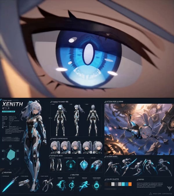 High-budget 2D anime style. A dynamic tracking shot following a cybernetic girl in a glowing di…