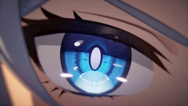 High-budget 2D anime style. A dynamic tracking shot following a cybernetic girl in a glowing di…