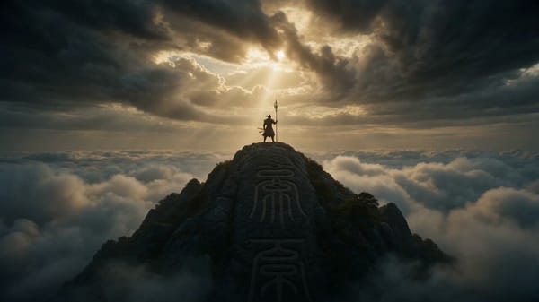 15-second ultra-cinematic mythological fantasy transformation sequence atop a sacred mountain a…