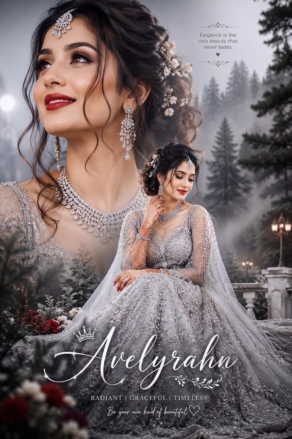Ultra-realistic bridal portrait collage, beautiful Indian bride in silver lehenga gown, elegant dia… prompt example