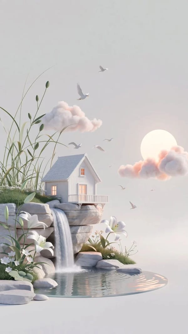 dreamy surreal 3D illustration, vertical composition with a minimalist pale gray background and mos… prompt example