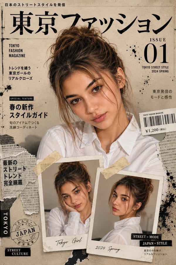 Create 8K Ultra-cinematic premium Japanese fashion cover using ref image as exact identity. Lar…