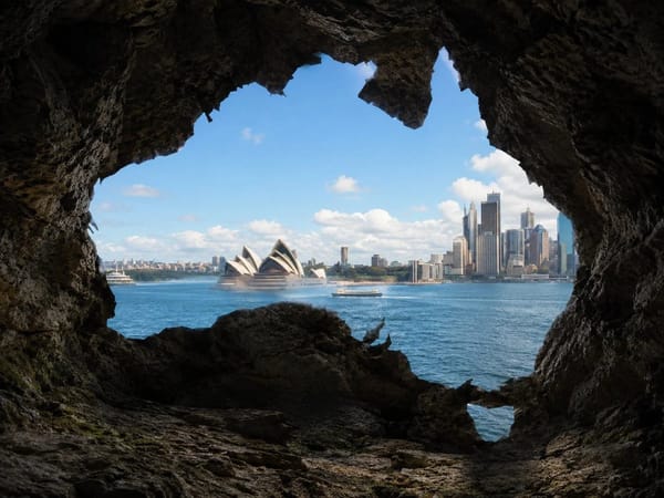 Create a photorealistic image viewed from inside a natural rocky cave looking outward. The cave ope… prompt example