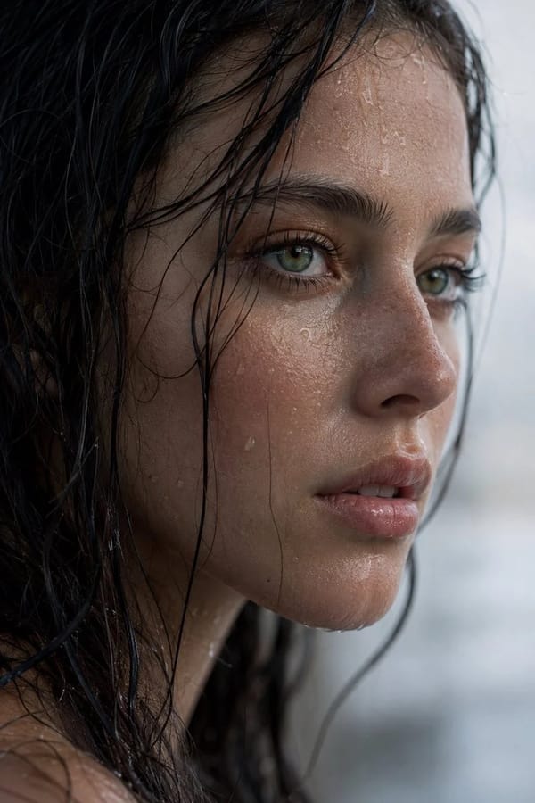 Extreme wet close-up portrait of a young woman in side profile. Dark, rain-soaked hair naturall…