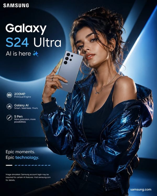 Create a premium smartphone advertising poster featuring a stylish young female model in a fres…