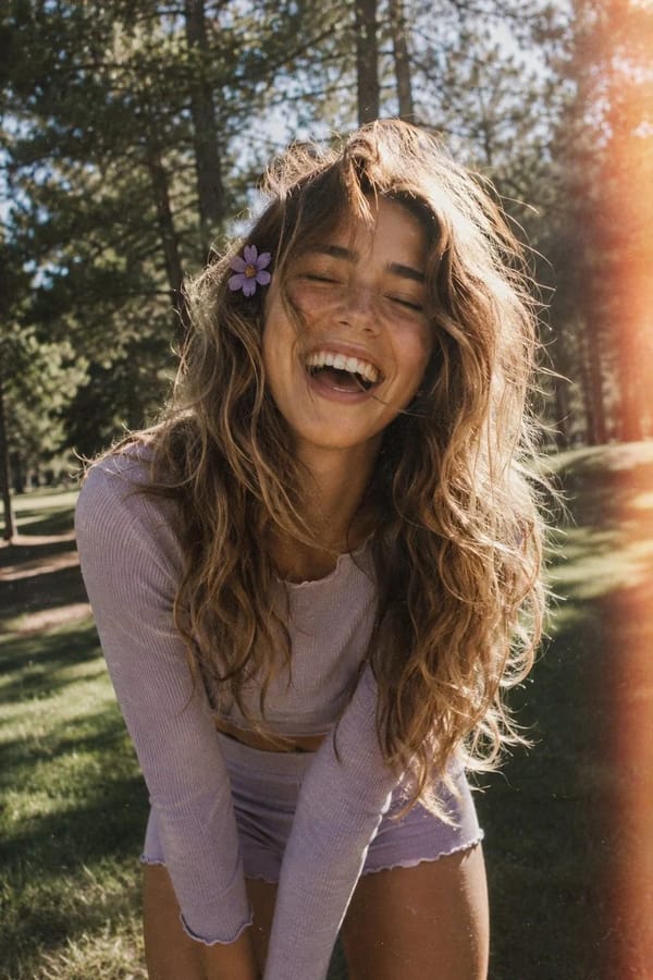A candid, film-style portrait of a joyful young woman with long, voluminous, wavy light brown h…