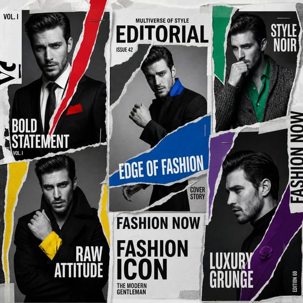 A luxury editorial multi-cover layout featuring the same male model in all frames, arranged as…
