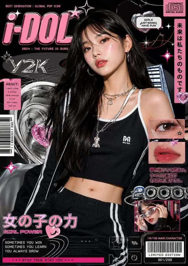 Ultra-stylized luxury fashion editorial poster featuring a confident young Asian woman centered in… prompt example