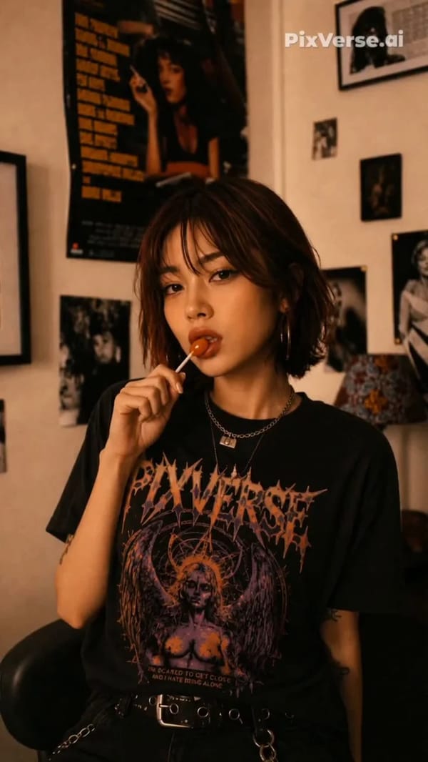 Korean-Japanese mixed-race female, short auburn bob haircut, black PIXVERSE band t-shirt with purpl… prompt example