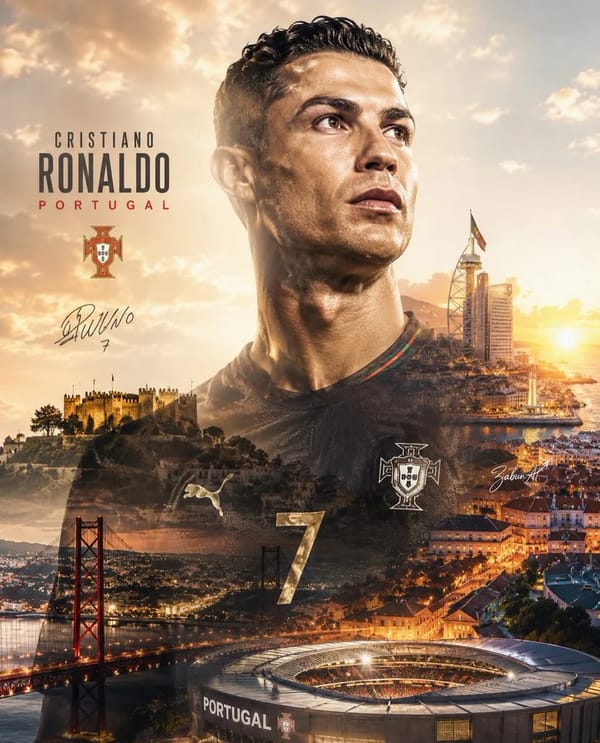 Create an epic double-exposure sports poster featuring a legendary football player as the central s… prompt example