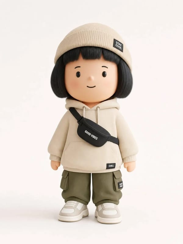 Generate a designer art toy / collectible figurine designed to showcase a trendy 'Outfit of the…