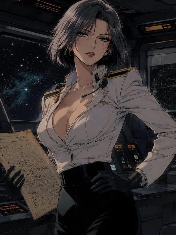 A beautiful adult woman, age 30, with retro space captain energy, short silver-black bob hair, shar… prompt example